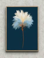 濃紺の余白に白と淡青の花が浮かぶミニマル ホワイト フラワーアートパネル フレーム設置イメージ