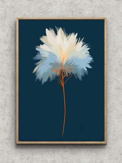 濃紺の余白に白と淡青の花が浮かぶミニマル ホワイト フラワーアートパネル フレーム設置イメージ