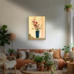 淡い壁になじむ青緑の花瓶モチーフのボタニカルアートパネル 設置イメージ 1