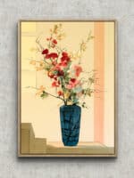 青緑の花瓶に紅の枝花を描いたモダン ベージュ ボタニカルアートパネル フレーム設置イメージ