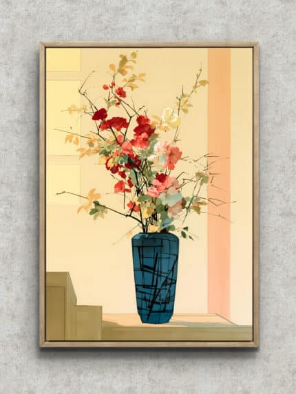 青緑の花瓶に紅の枝花を描いたモダン ベージュ ボタニカルアートパネル フレーム設置イメージ