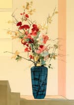 青緑の花瓶に紅の枝花を描いたモダン ベージュ ボタニカルアートパネル