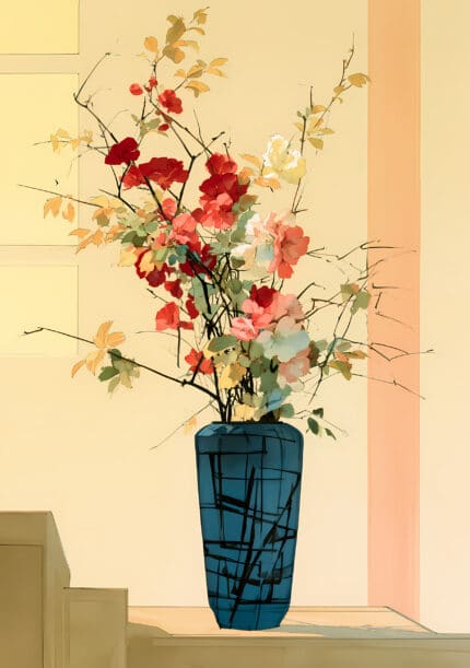 青緑の花瓶に紅の枝花を描いたモダン ベージュ ボタニカルアートパネル