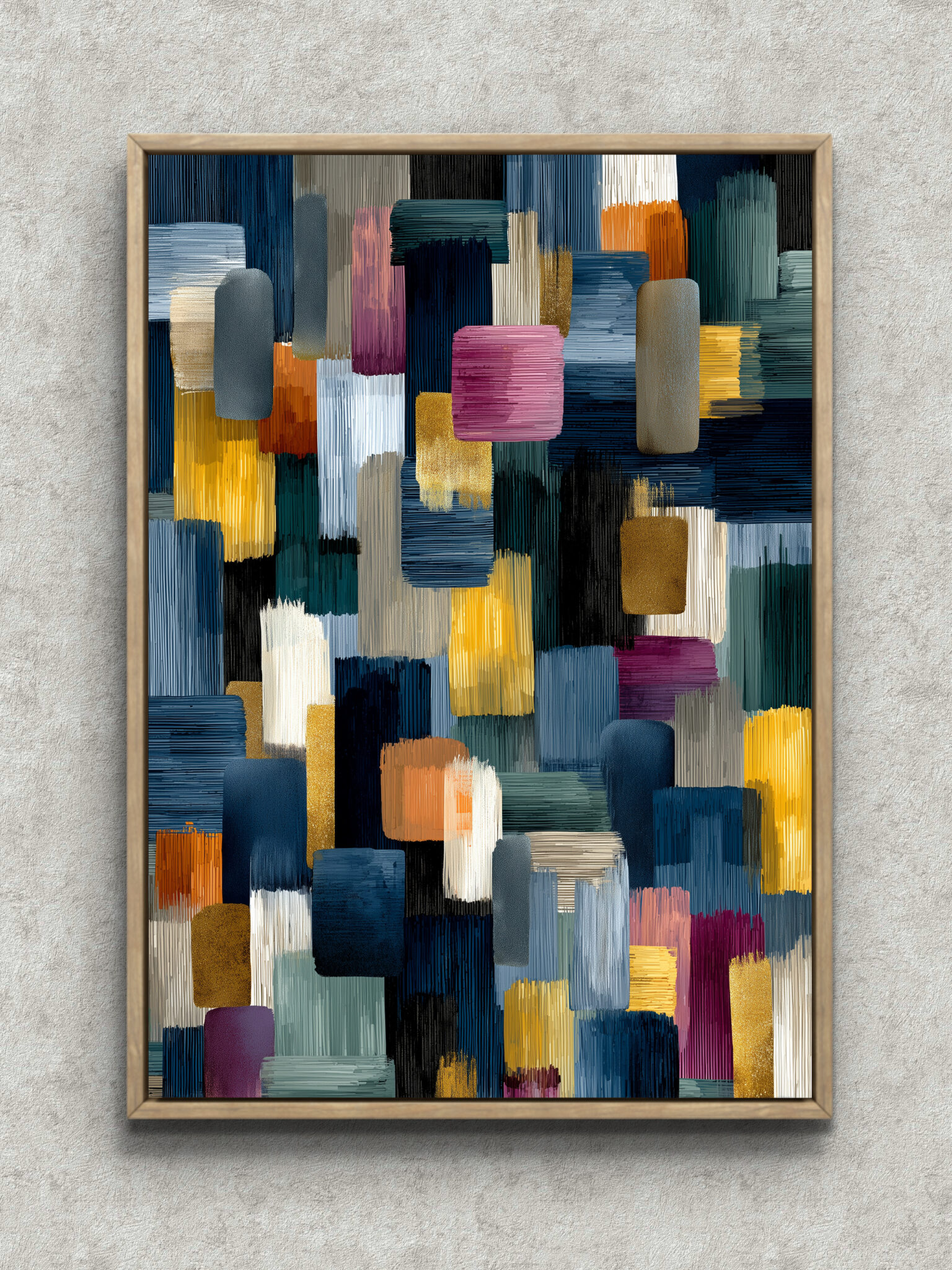 modern-interior-abstract-art-main-1-ma-10132.jpg ネイビーを軸に角丸の長方形と刷毛跡が重なる縦構図の抽象アート フレーム設置イメージ