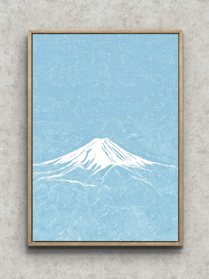 青と白の波線で富士山を描いたミニマルアート フレーム設置イメージ