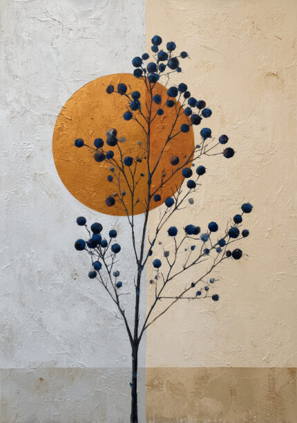 濃紺の枝実と円形モチーフを描いた抽象アート