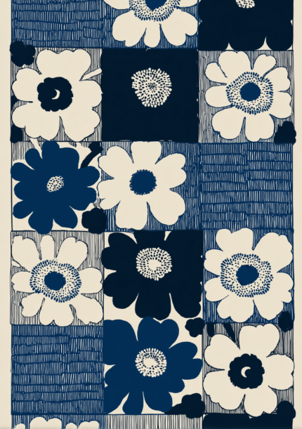 ネイビーとアイボリーの花モチーフを格子状に描いた版画風アート