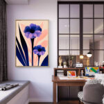 リビングに飾ったネイビーの花モチーフの絵画 インテリアイメージの絵画 インテリアのアートパネル 設置イメージ 6
