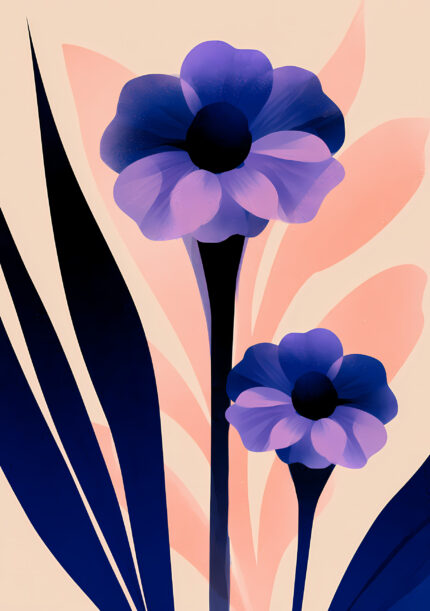 ネイビーとラベンダーの花を淡いピンクの葉が包む縦構図の絵画 インテリアの絵画 インテリアのアートパネル