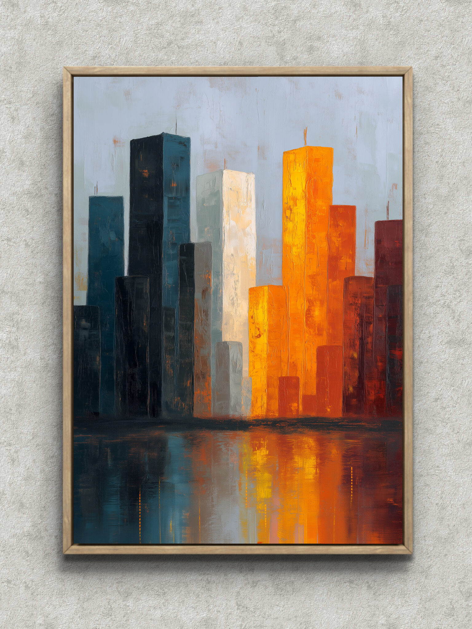 navy-orange-city-reflection-landscape-art-main-1-ma-10290.jpg 濃紺の街並みと水面の反射を描いたモダンな風景アート フレーム設置イメージ