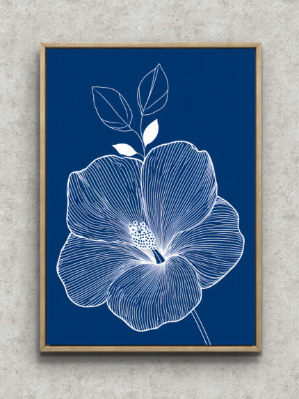 濃紺の背景に白い大輪の花を描いたフラワーウォールアートのアートパネル フレーム設置イメージ