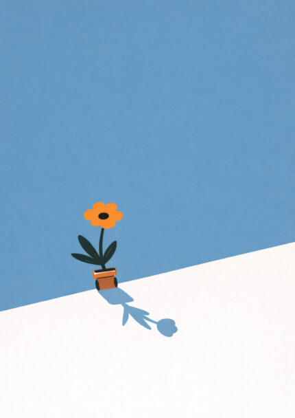 青い背景に一輪のオレンジの花と長い影を描いたミニマルアート