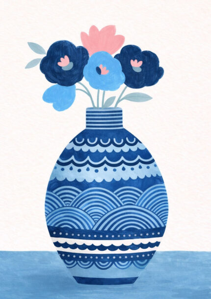 青い花瓶と花束を描いた北欧ミニマルな装飾アート