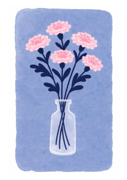 淡い青の背景にピンクの花と花瓶を描いたフラワーアート