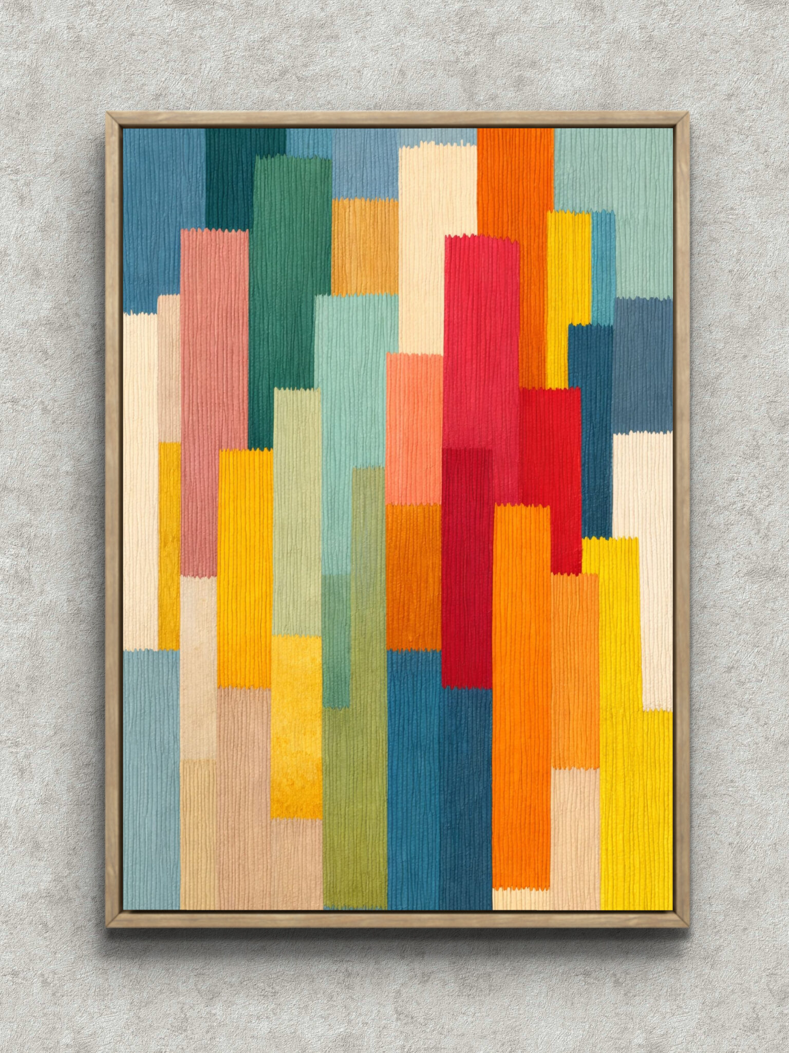 nordic-minimal-abstract-canvas-art-color-block-main-1-ma-10038.jpg 縦長の色面が重なるカラーブロックの抽象アート フレーム設置イメージ
