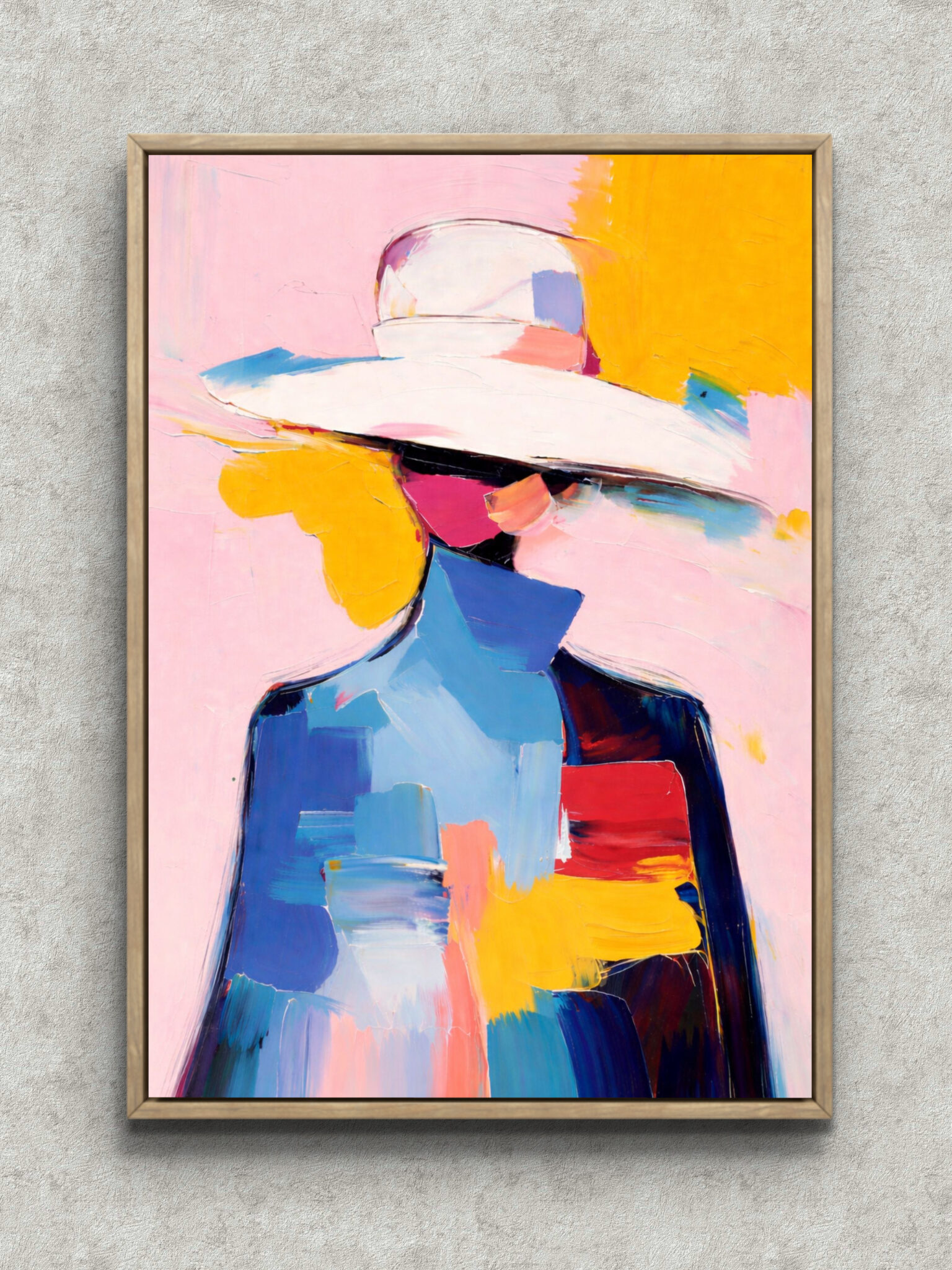 nordic-minimal-abstract-canvas-art-colorblock-modern-portrait-main-1-ma-10034.jpg 大きな帽子の人物を鮮やかな色面で描いた抽象ポートレートアート フレーム設置イメージ