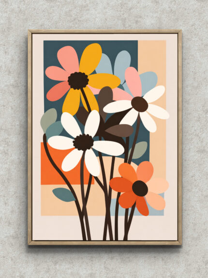 くすみブルーを背景にデイジー風の花と長い茎を描いたフラワーアート フレーム設置イメージ
