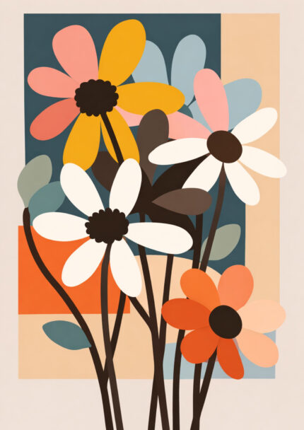 くすみブルーを背景にデイジー風の花と長い茎を描いたフラワーアート