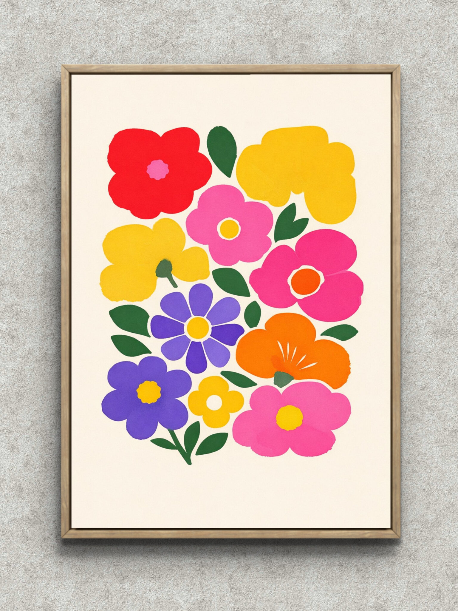nordic-minimal-abstract-canvas-art-colorful-flower-botanical-main-1-ma-10067.jpg レトロポップな花と葉を描いたヴィンテージ調フラワーアート フレーム設置イメージ