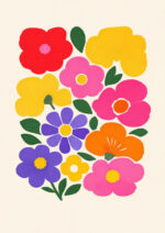 レトロポップな花と葉を描いたヴィンテージ調フラワーアート