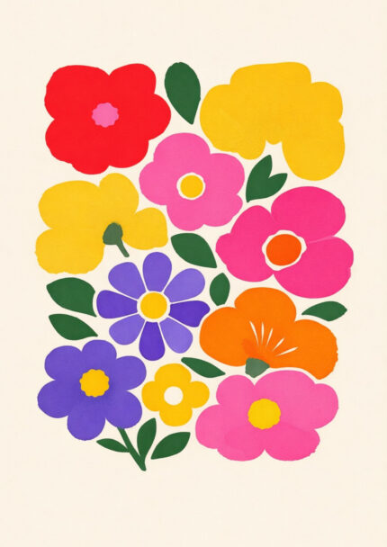 レトロポップな花と葉を描いたヴィンテージ調フラワーアート