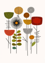 半円の花モチーフを細い茎で描いた北欧フラワーアート