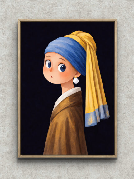青い頭巾をまとった少女の横顔を描いたミニマル人物アート フレーム設置イメージ