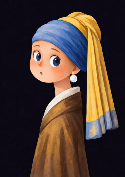 青い頭巾をまとった少女の横顔を描いたミニマル人物アート