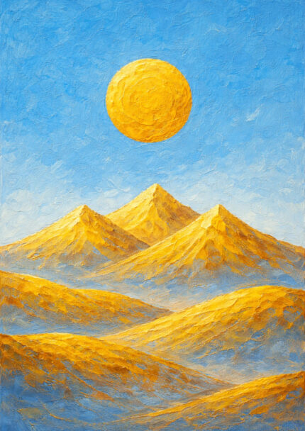 青空に金色の太陽と山並みを描いた風景アート