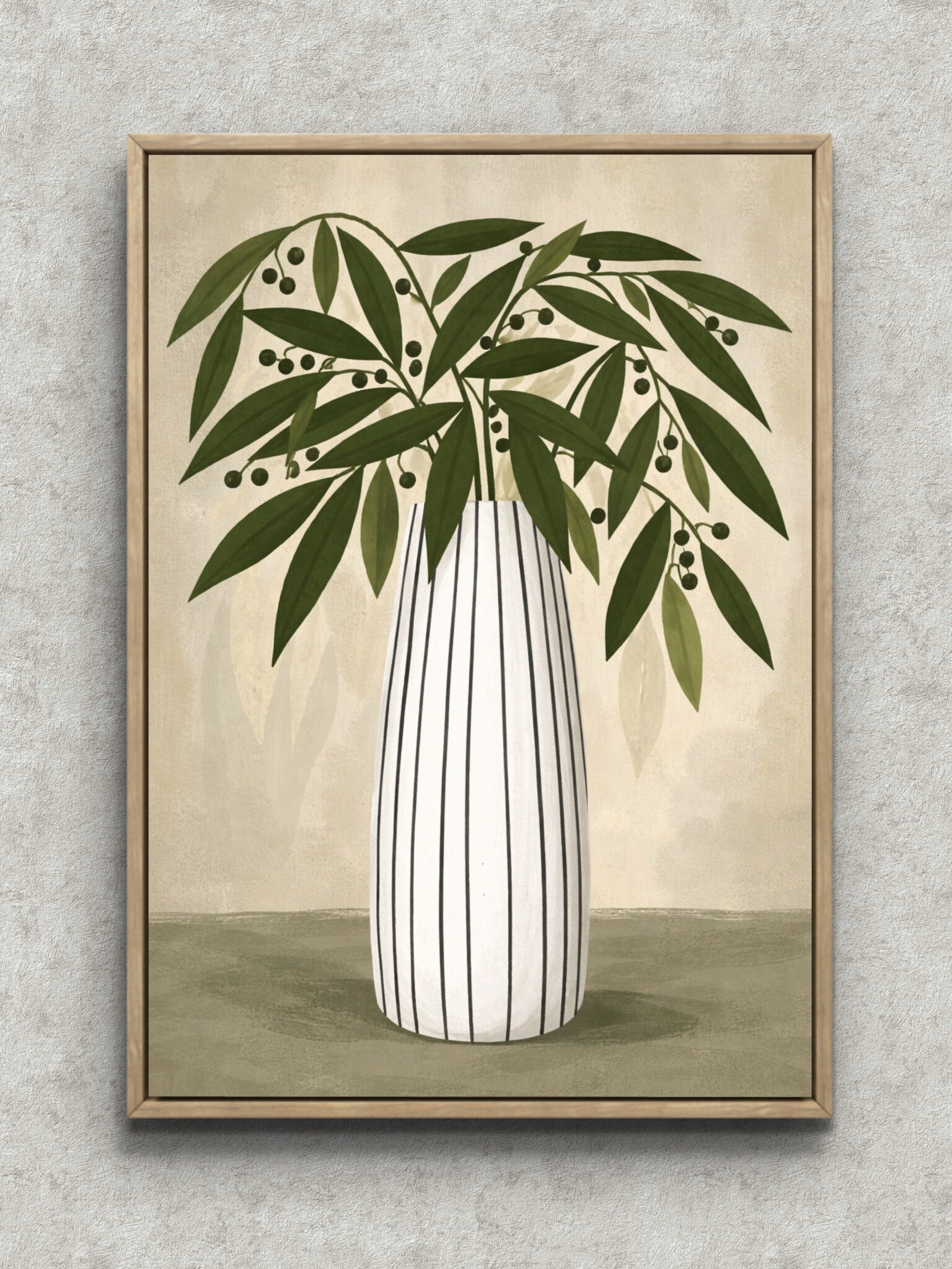 nordic-minimal-abstract-canvas-art-green-botanical-main-1-ma-10043.jpg 細長い葉と黒い実、縞模様の花瓶を描いたボタニカルアート フレーム設置イメージ