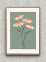 くすみグリーンの背景に淡いピンクの花が4輪描かれたフラワーアート フレーム設置イメージ