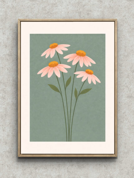 くすみグリーンの背景に淡いピンクの花が4輪描かれたフラワーアート フレーム設置イメージ
