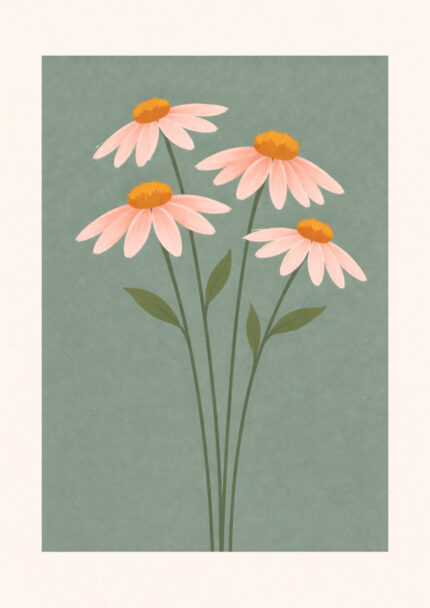 くすみグリーンの背景に淡いピンクの花が4輪描かれたフラワーアート
