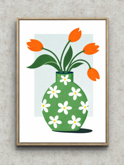 花模様のグリーン花瓶とオレンジのつぼみを描いたミニマルなアート フレーム設置イメージ