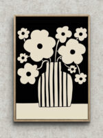 黒地にアイボリーの花と縞模様の花瓶を描いたモノクロフラワーアート フレーム設置イメージ