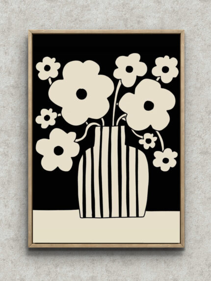 黒地にアイボリーの花と縞模様の花瓶を描いたモノクロフラワーアート フレーム設置イメージ