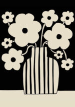 黒地にアイボリーの花と縞模様の花瓶を描いたモノクロフラワーアート