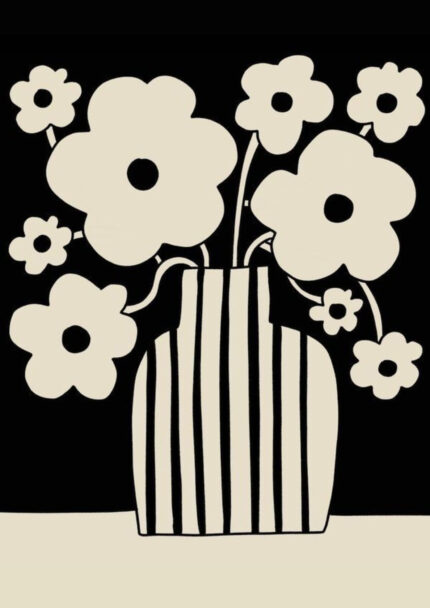 黒地にアイボリーの花と縞模様の花瓶を描いたモノクロフラワーアート