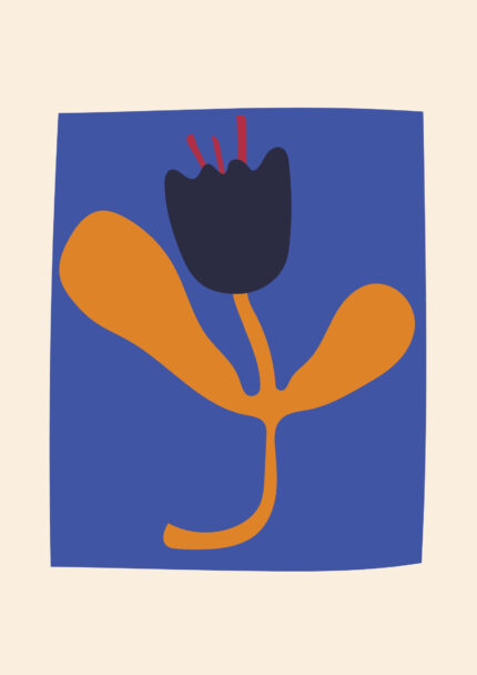 青地に濃紺の花のような形とオレンジのモチーフを描いた抽象フラワーアート