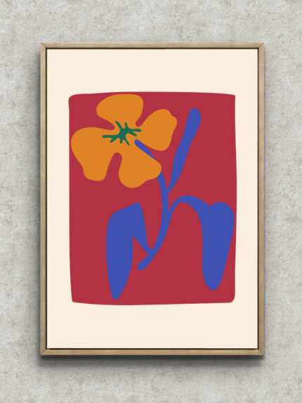 赤い背景にオレンジの花を思わせる形と青い線を描いた抽象アート フレーム設置イメージ