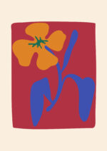 赤い背景にオレンジの花を思わせる形と青い線を描いた抽象アート
