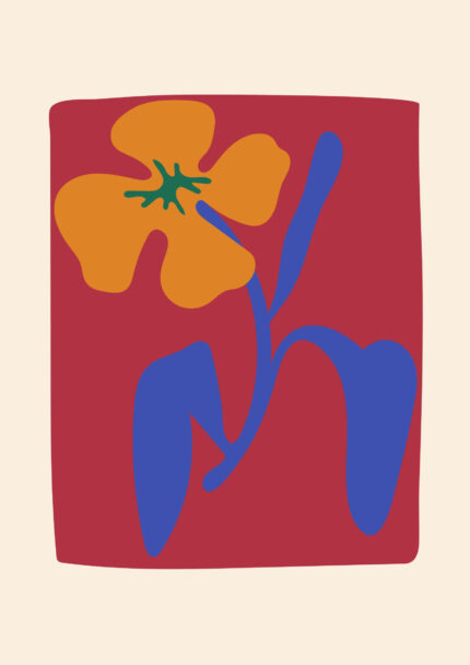 赤い背景にオレンジの花を思わせる形と青い線を描いた抽象アート