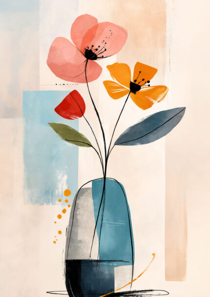 やわらかな花と花瓶を抽象色面と細い線で描いたフラワーアート