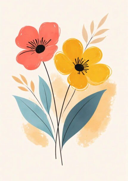 コーラルピンクとイエローの花を軽やかに描いたフラワーアート