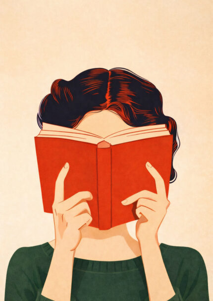 赤い本を読む人物を描いたヴィンテージ調アート