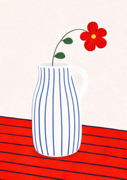 赤い花と青い縦ストライプのピッチャーを描いたミニマルなフラワーアート