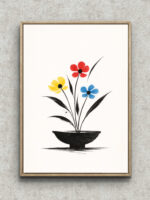 黒い器に赤・黄・青の花を描いた和モダンなフラワーアート フレーム設置イメージ