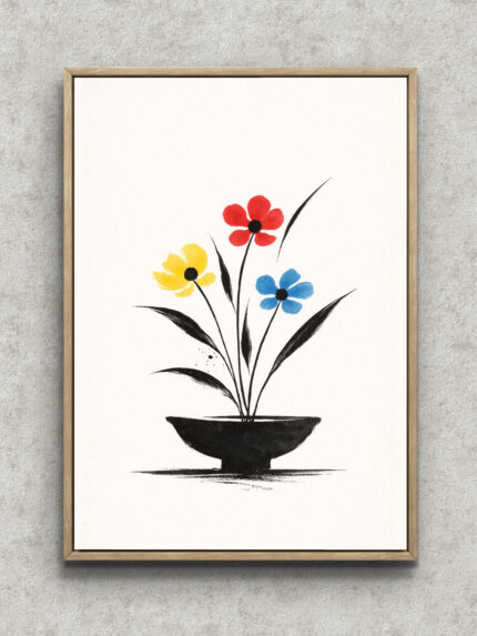 黒い器に赤・黄・青の花を描いた和モダンなフラワーアート フレーム設置イメージ