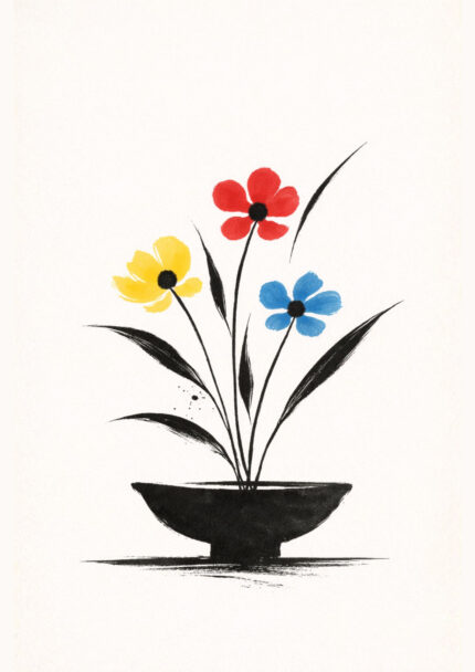 黒い器に赤・黄・青の花を描いた和モダンなフラワーアート