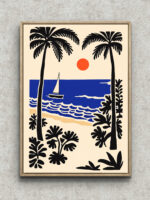 黒いヤシ越しに青い海と帆船、夕日を描いたトロピカル風景アート フレーム設置イメージ